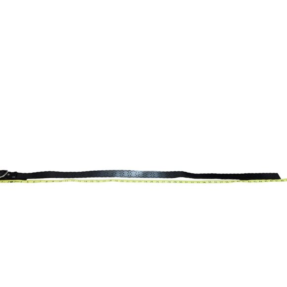 Black Leather Scalloped Cutout Belt Floral Laser Cut Silver Buckle Women Sze48in - Picture 8 of 10